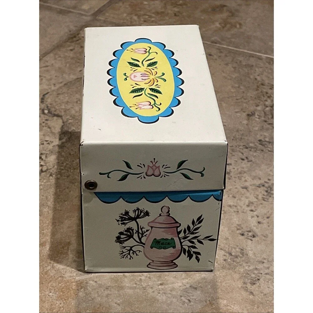 Vintage J. Chein & Co. Metal Recipe Box Tin Mid-Century Kitchen Herb Spice Litho